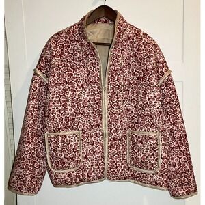 Red‎ Pink Floral Winter Quilted Puffer Jacket Coat Sz Medium Cottage Whimsy